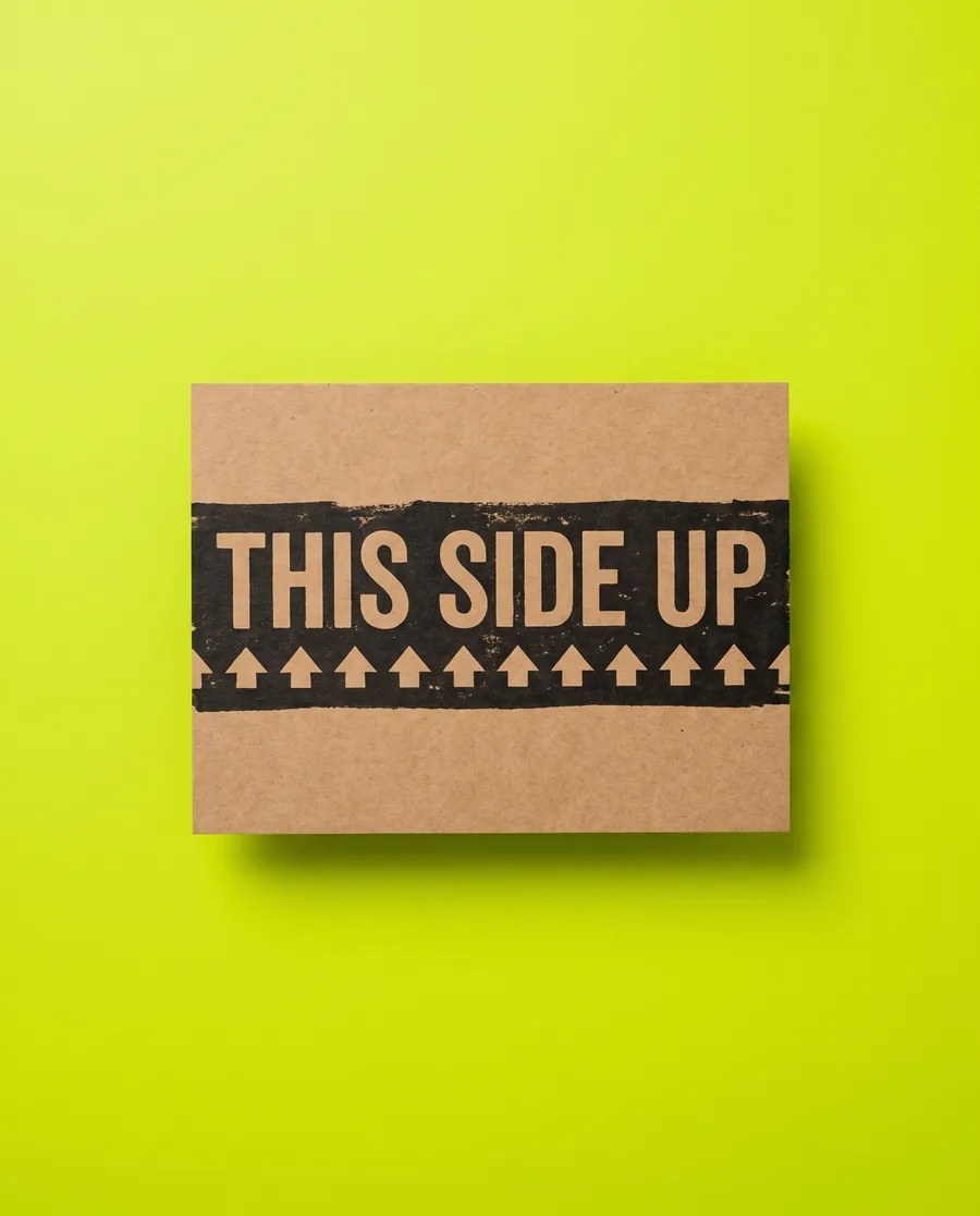 Kraft proof card on acid green: THIS SIDE UP over a row of arrows, an inverted 30 mm band, printed with a Rolly 3.0