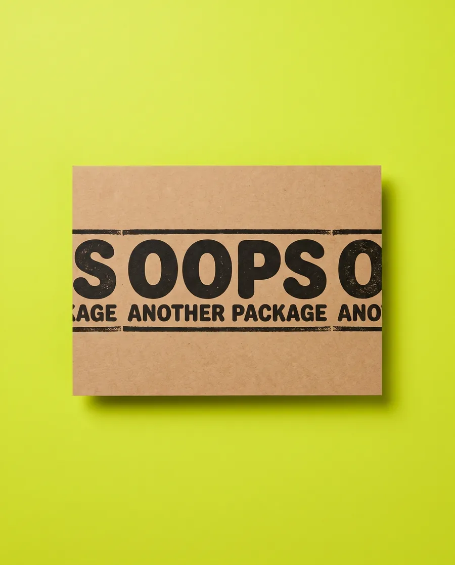 Kraft proof card on acid green: OOPS over ANOTHER PACKAGE, a two-line 30 mm band, printed with a Rolly 3.0