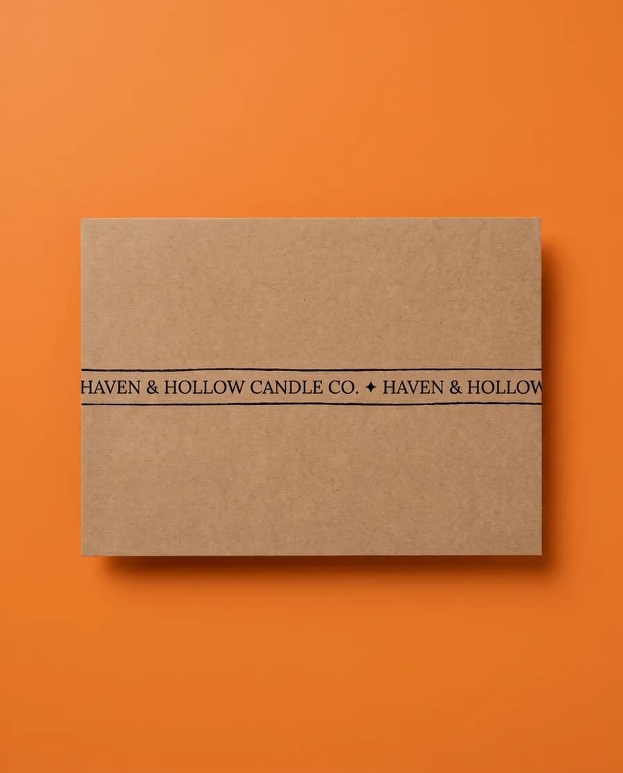 A candle studio's name printed as a band on a kraft proof card