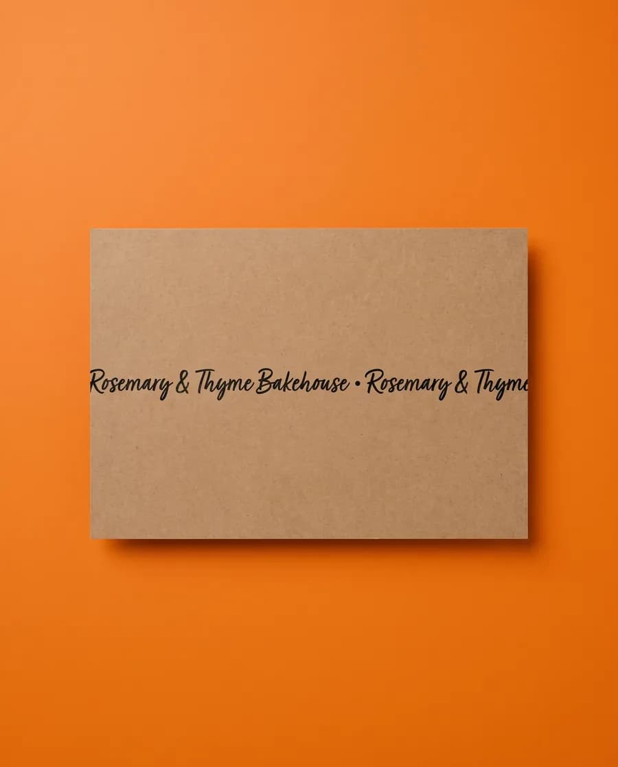 Kraft proof card on orange: Rosemary & Thyme Bakehouse in script on a single 14 mm line, printed with a Rolly L