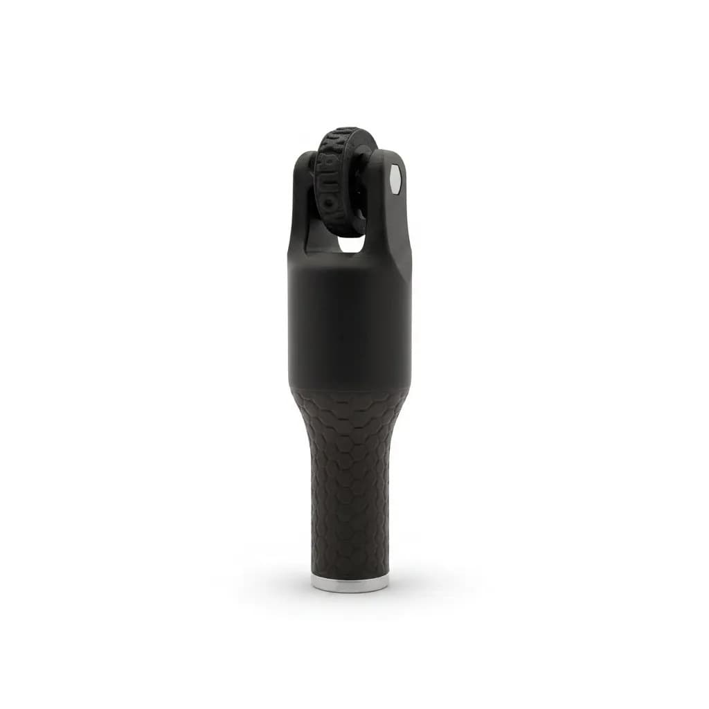 Rolly M logo roller stamp in black, engraved wheel at the top
