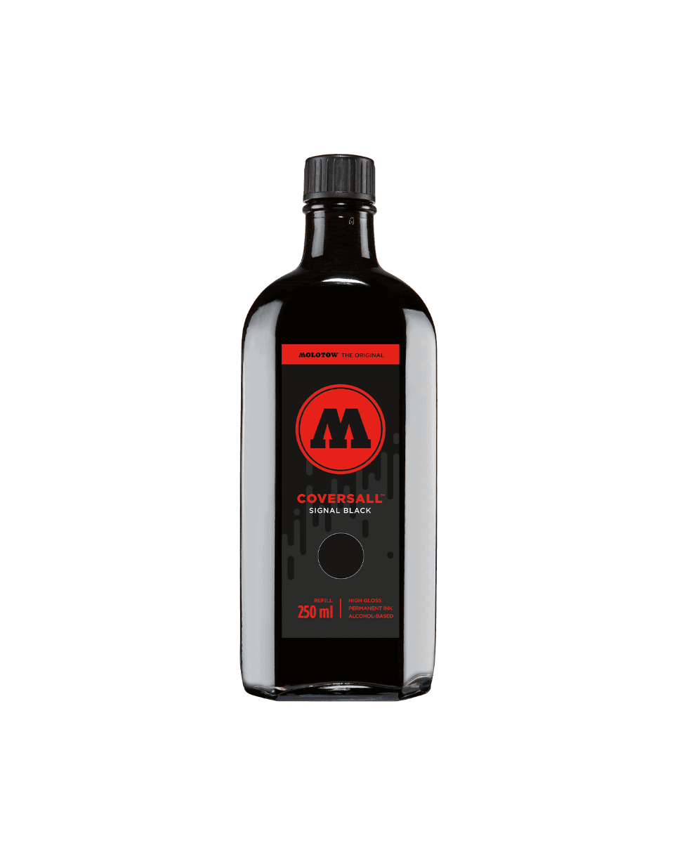 Molotow COVERSALL Cocktail refill ink, 250 ml glass bottle in signal black